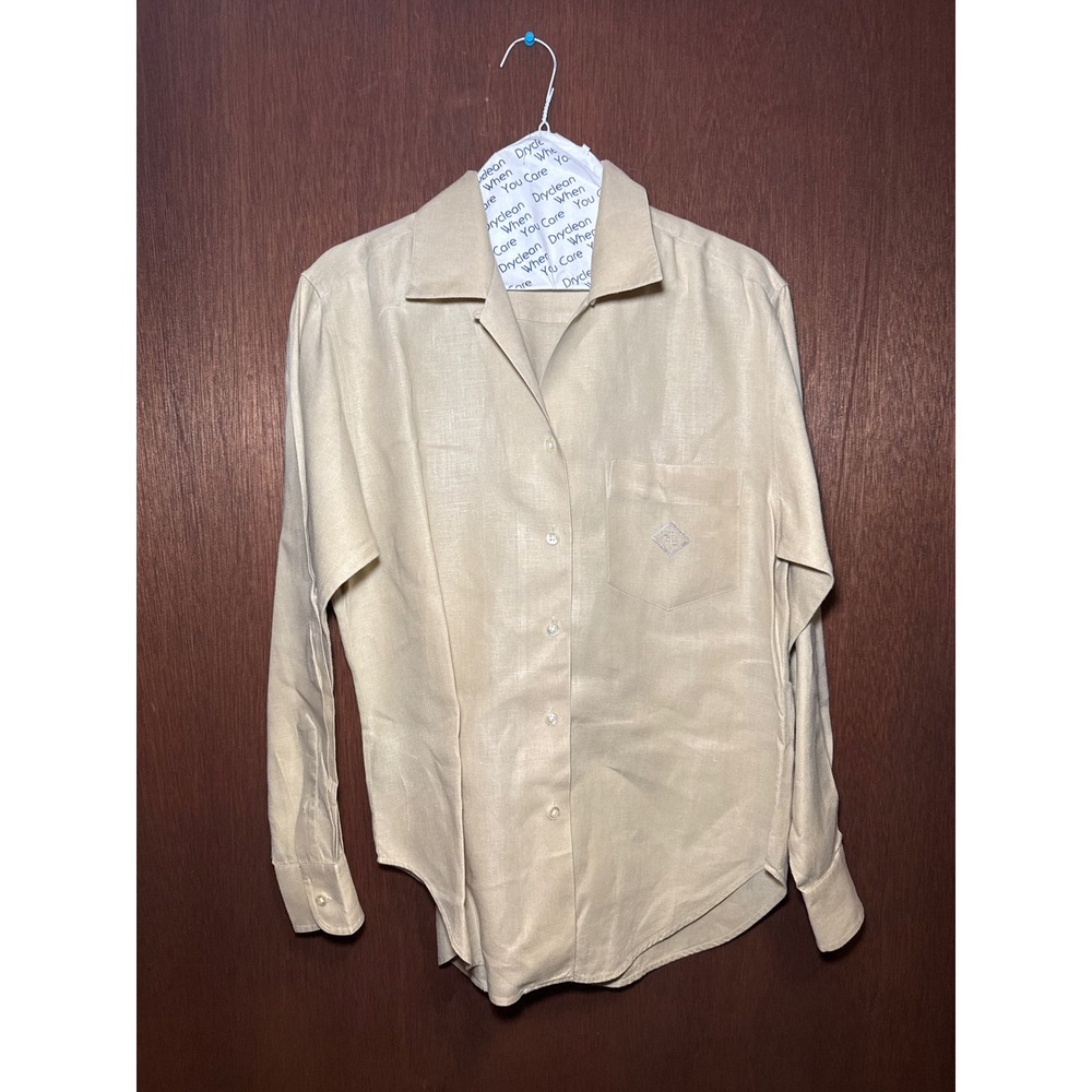 Lauren Ralph Lauren Beige Linen Blend Button Up Shirt Embroidered Pocket Size 6